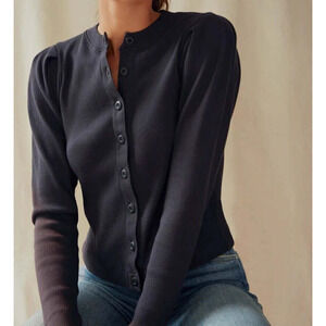 Amo Women's Black Knit Puff Sleeve Button Up Cardigan Sweater Size Medium